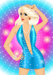 sexy blonde girl in blue short dress