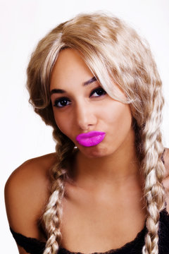 Skinny African American Woman Lips Puckered Blond Wig