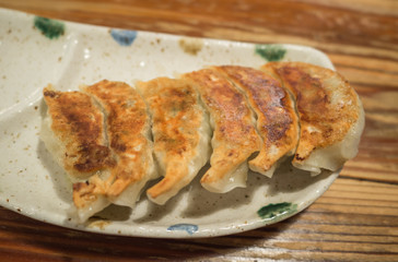 selective focus gyoza in plate , japanese food