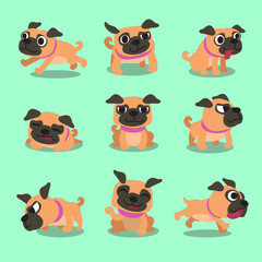 Cartoon character pug dog poses for design.