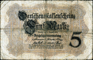 Historische Banknote, 5. August 1914, Fünf Mark, Deutschland