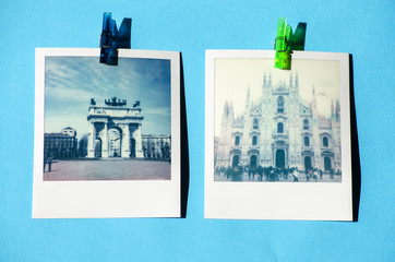 Vintage polaroid snapshots of the cathedral of Milan and Arch of