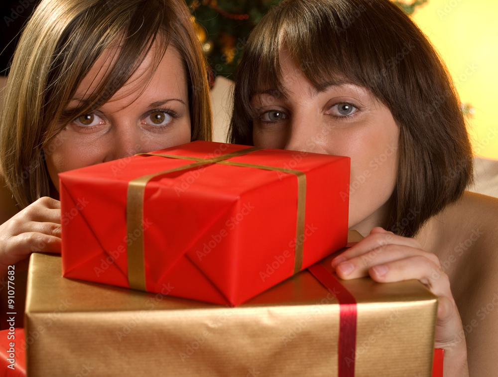 Poster young women with christmas presents