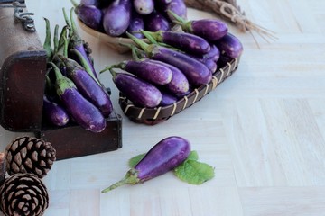Purple eggplants fresh for cooking on wood background.