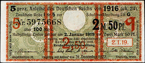 Historische Banknote, 4. April 1916, Zwei Mark 50 Pfennig, Deutschland