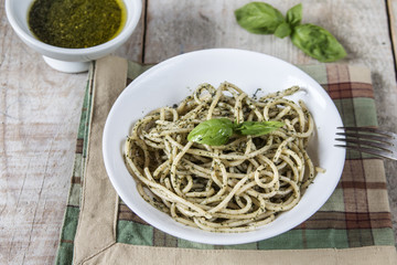 Spaghetti with homemade pesto sauce