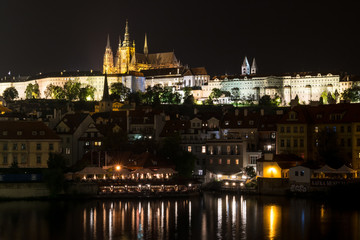 Panorama of the St. Vitus Cathedral in Prague at night. Gothic Roman Catholic cathedral in Prague Castle, the seat of the Archbishop of Prague.