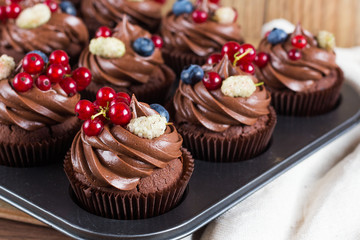 Chocolate cupcakes decorated with chocolate cream and summer ber