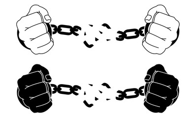 Male hands breaking steel handcuffs. Black and white