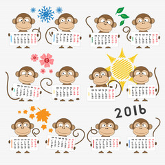 Calendar 2016 with cute monkeys