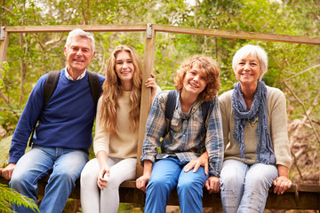 Grandparents and teens sitting on a bridge in a forest