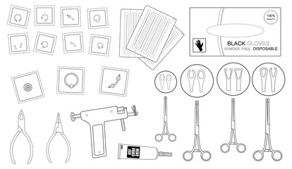 Set of professional piercing equipment. Contour