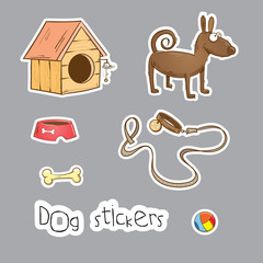 Dog and her things,  doghouse, bone, bowl, ball and lead.