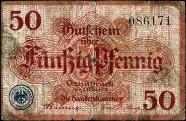 Historische Banknote, Notgeld, 1. Mai 1917, Fünfzig Pfennig, Deutschland