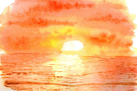 Sunset at the ocean in watercolor.