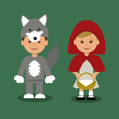 Boy and girl in suits of fairy tale about Little Red Riding Hood