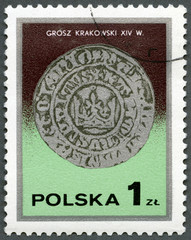 POLAND - 1977: shows King Kazimierz Wielki's Cracow groszy - obrazy, fototapety, plakaty