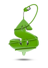 Obraz premium Oil drop dollar / 3D render of dollar shaped oil drop with hose and nozzle