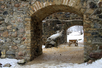 SIGULDA, LATVIA - MARCH 17, 2012: Renewed ruins of Sigulda Old Castle. Sigulda old castle was built in 13th century.