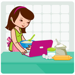 Woman in her kitchen in front of her computer cooking and searching for recipes on the internet. Vector illustration