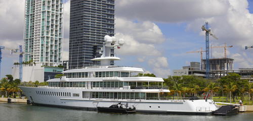 MIAMI - SEPTEMBER 3: Panoramic image of Fountainhead superyacht docked at Downtown Miami....