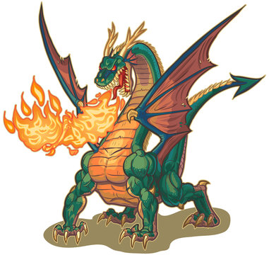 recommend clip art: Muscular Dragon Breathing Fire Vector Illustration