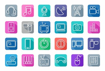 Icons media, white outline, communication, computer, colored background, shadow. 
