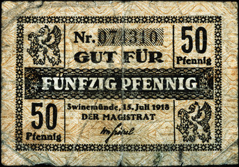 Historische Banknote, Notgeld, 15. Juli 1918, Fünfzig Pfennig, Deutschland
