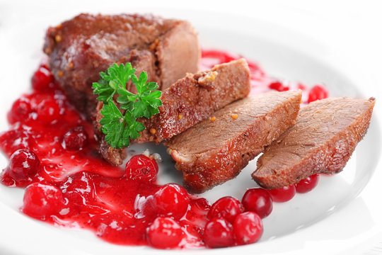 Tasty roasted meat with cranberry sauce on plate, close-up