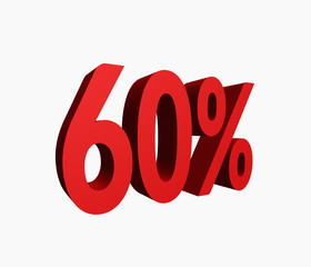 60% Red Color 3D Rendered Text for Discount Sale Promotions isolated on White Background with clipping path.
