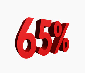 65% Red Color 3D Rendered Text for Discount Sale Promotions isolated on White Background with clipping path.