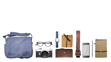 Top view Set of bag, wallet, belt, note book, cellphone, film camera, spectacle, wristwatch, leather book cover note on a clear white background