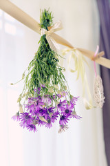 Various herbs and flowers drying on thong on light background