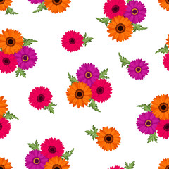 Vector seamless pattern with pink, orange and purple gerbera flowers on a white background.