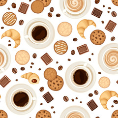 Obrazy  Wektor wzór z filiżanki kawy, fasola, ciasteczka, rogaliki i czekolada na białym tle.