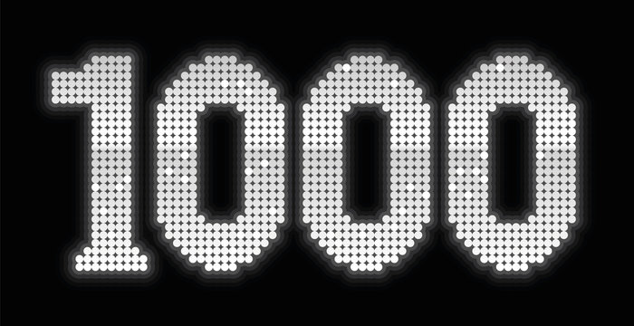 1000, formed to a jubilee number by exactly one thousand shiny silver platelets - isolated vector illustration on black background.
