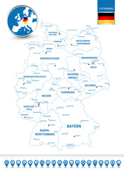 Outline map of Germany with regions and cities
