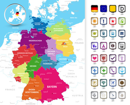 Political map of Germany with a 3D pin pointers.