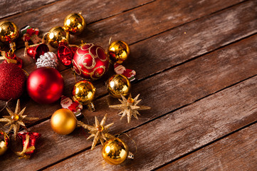Christmas baubles on a wooden table
