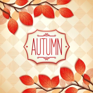 Autumn background with branches realistic colorful foliage and retro label design. Vector eps 10