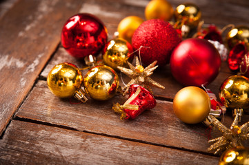 Christmas baubles on a wooden table
