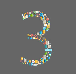 Three number social network with media icons, vector illustratio