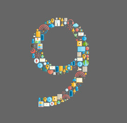 Nine number social network with media icons, vector illustration