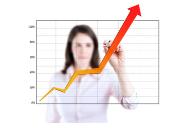 Young business woman writing over achievement graph, white background.  