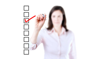 Young business woman checking on checklist box, white background.  