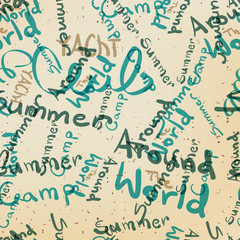 Textile seamless pattern of words on the subject of travel and s