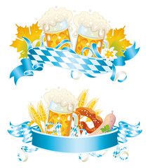 Bavarian German Oktoberfest vector banners with beer mug, Pretzel, Edelweiss, hops and Weisswurst sausage isolated on white