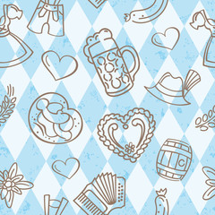 Seamless vector Oktoberfest pattern tile background with hand drawn icons on Bavarian flag pattern