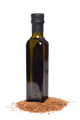 Flax oil and flax seeds isolated on white background