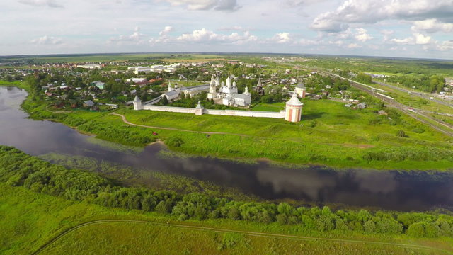 Flying over Spaso-Prilutsky monastery in Vologda, Russia
